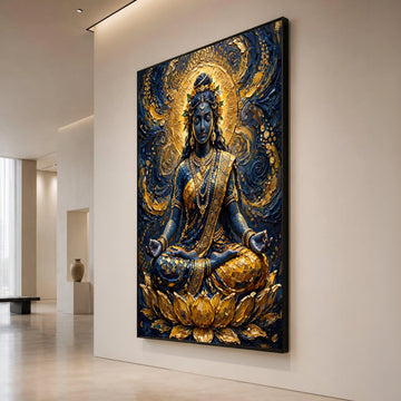 Meditative Goddess Canvas Wall Art, Spiritual Meditation Decor, Golden Lotus Artwork, Ethnic Indian Style Canvas, Sacred Canvas Print Art