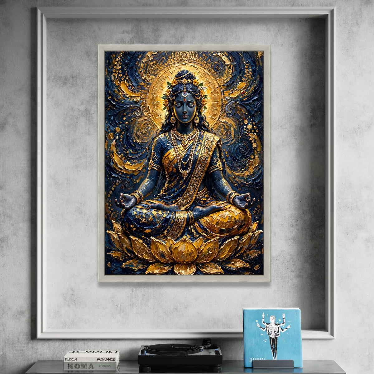 Meditative Goddess Canvas Wall Art, Spiritual Meditation Decor, Golden Lotus Artwork, Ethnic Indian Style Canvas, Sacred Canvas Print Art