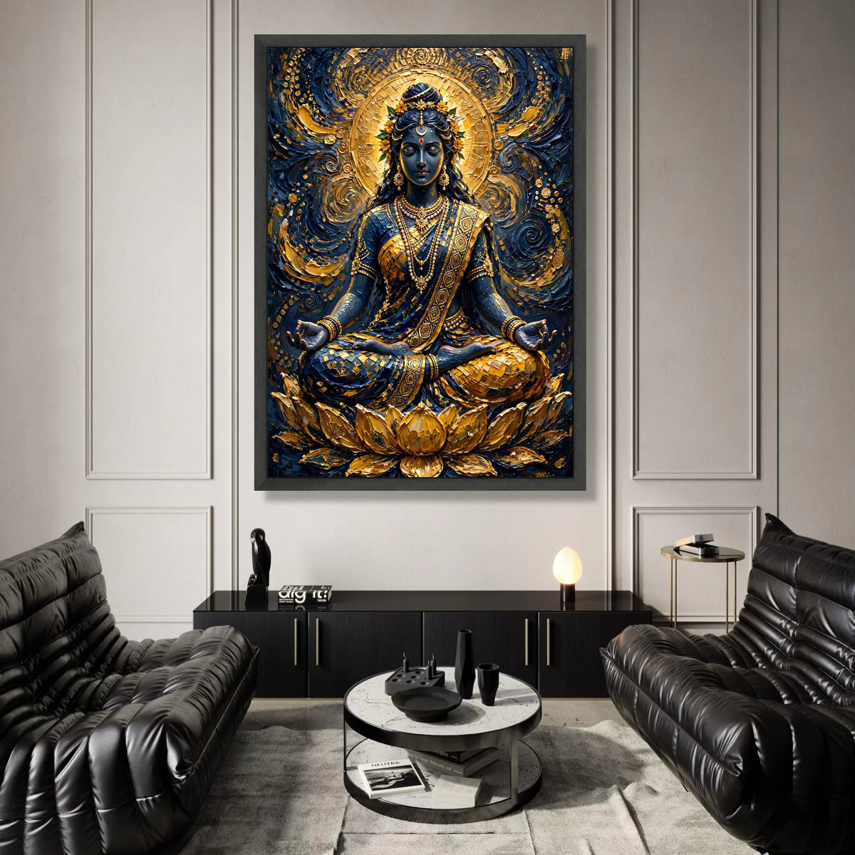 Meditative Goddess Canvas Wall Art, Spiritual Meditation Decor, Golden Lotus Artwork, Ethnic Indian Style Canvas, Sacred Canvas Print Art