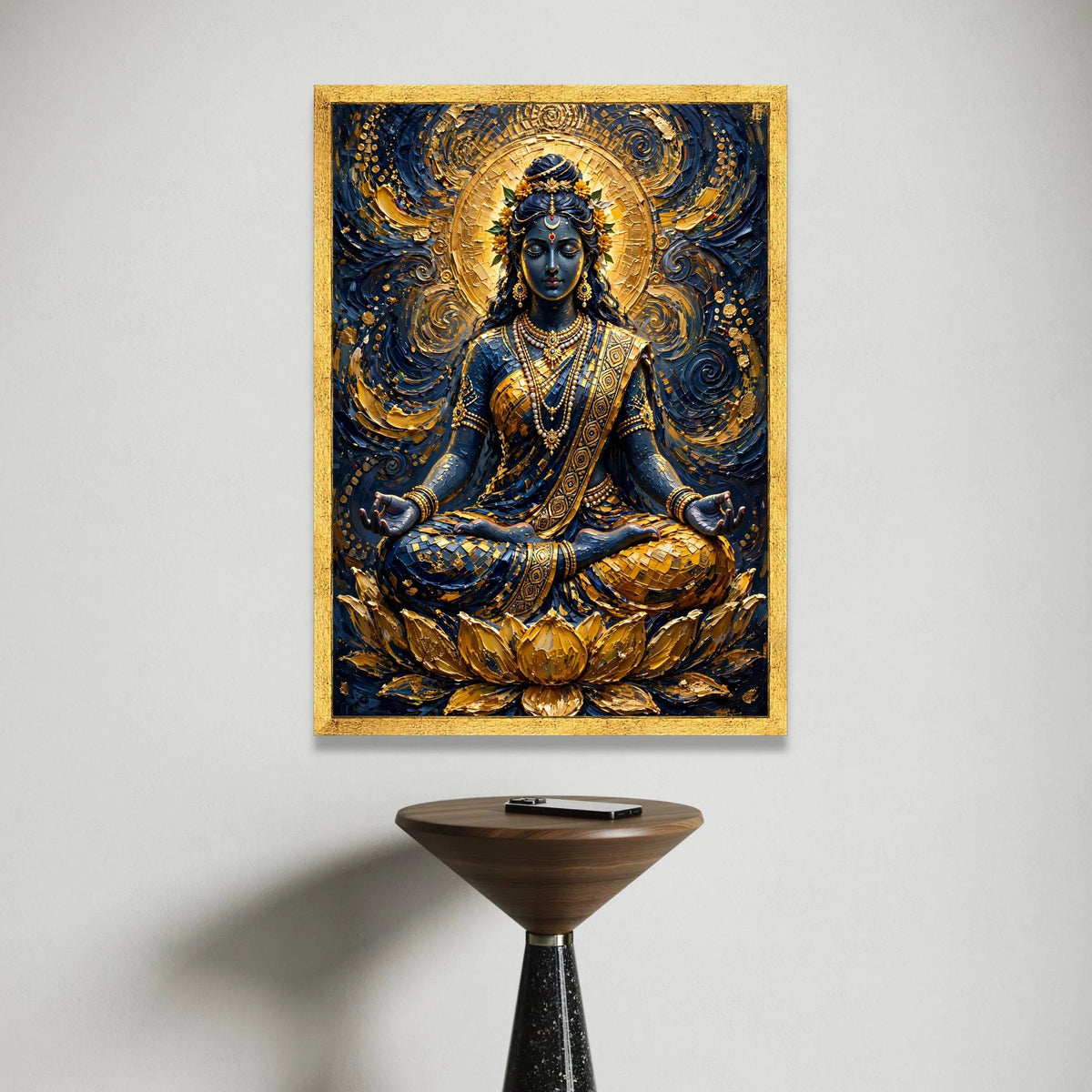 Meditative Goddess Canvas Wall Art, Spiritual Meditation Decor, Golden Lotus Artwork, Ethnic Indian Style Canvas, Sacred Canvas Print Art