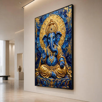 Blue and Gold Ganesha Canvas, Hindu God Wall Art, Spiritual Elephant Decor, Meditation Room Canvas, Indian Culture Canvas Print Art