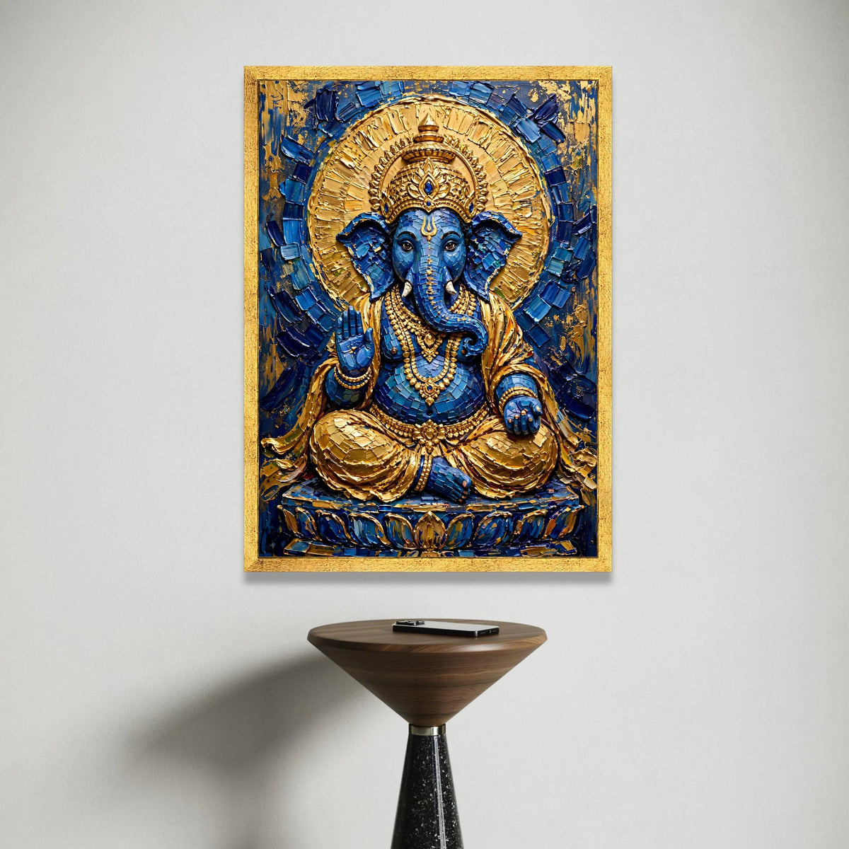 Blue and Gold Ganesha Canvas, Hindu God Wall Art, Spiritual Elephant Decor, Meditation Room Canvas, Indian Culture Canvas Print Art