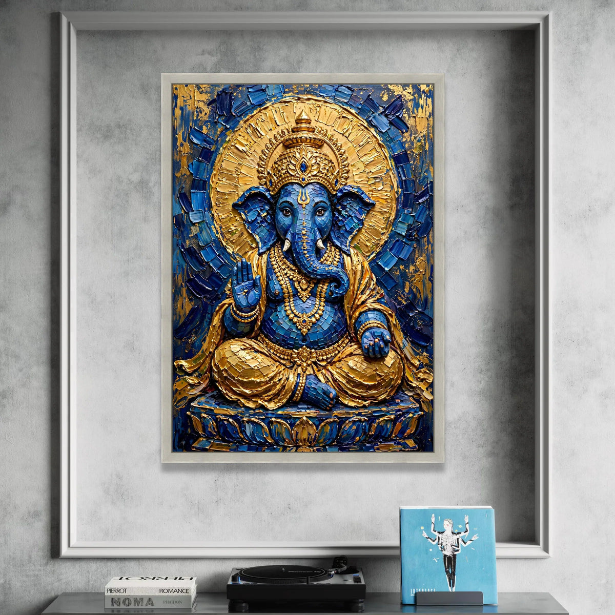 Blue and Gold Ganesha Canvas, Hindu God Wall Art, Spiritual Elephant Decor, Meditation Room Canvas, Indian Culture Canvas Print Art