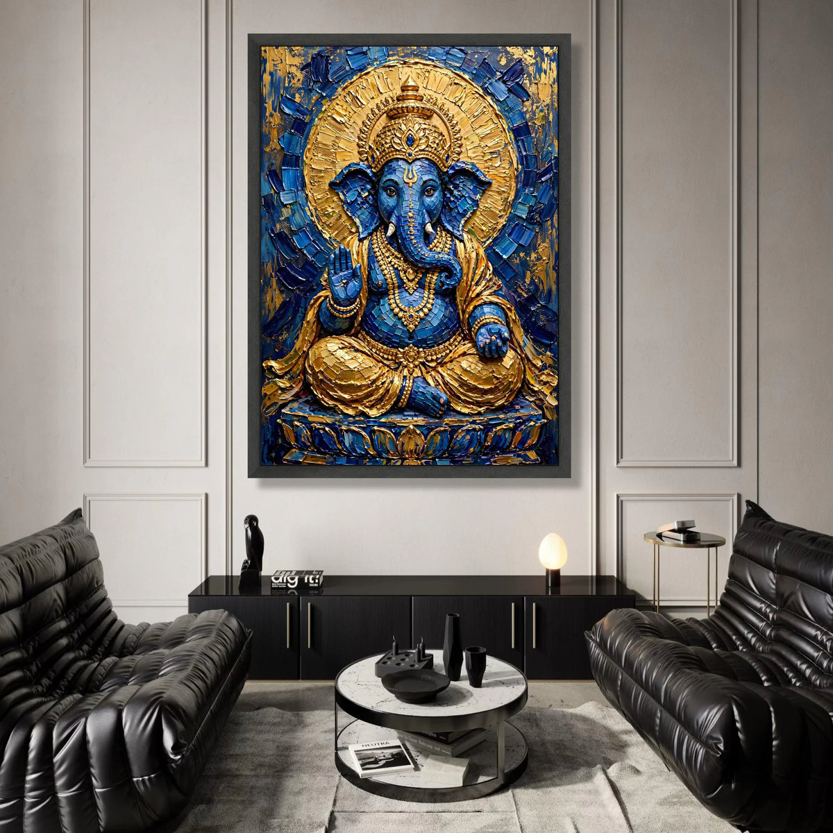 Blue and Gold Ganesha Canvas, Hindu God Wall Art, Spiritual Elephant Decor, Meditation Room Canvas, Indian Culture Canvas Print Art