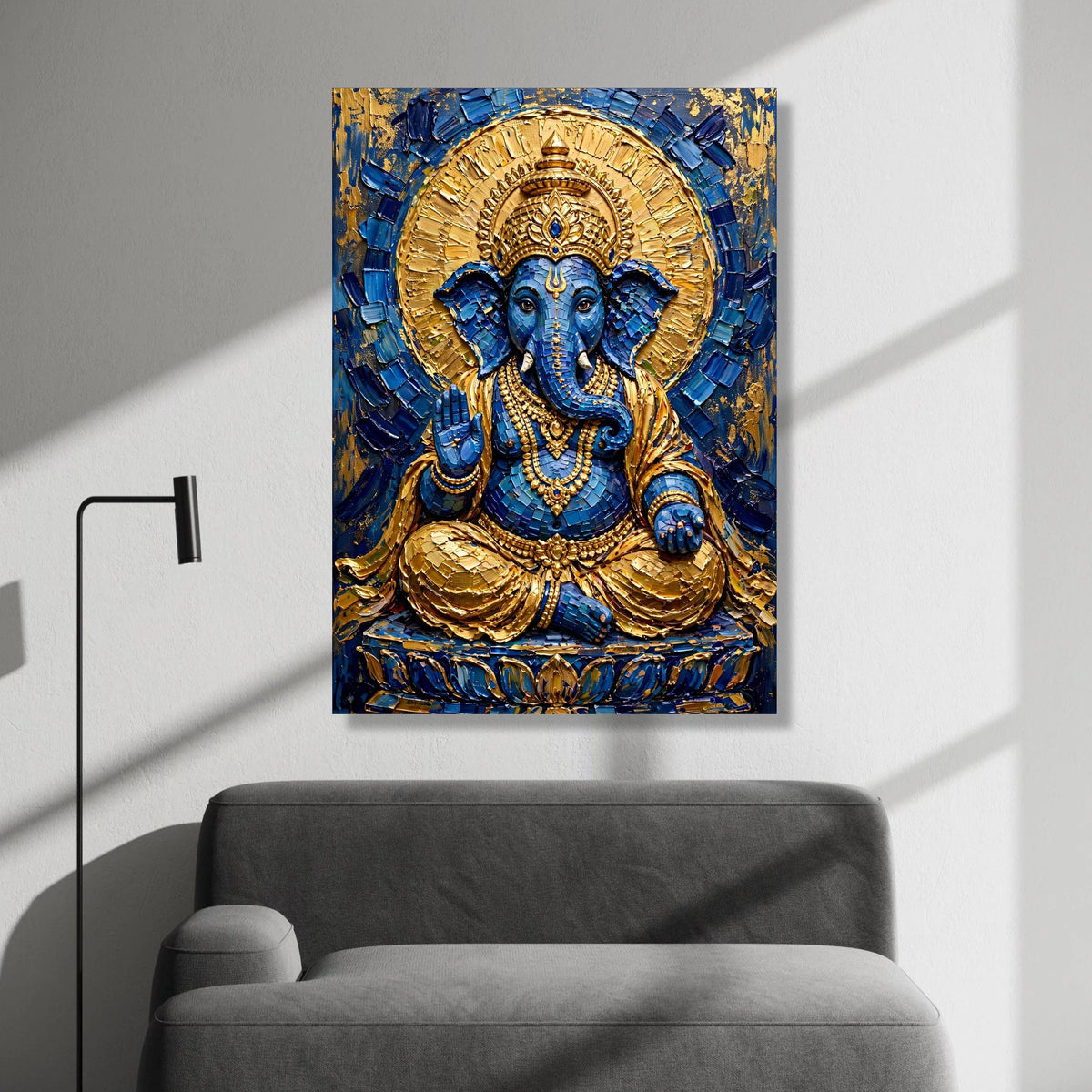 Blue and Gold Ganesha Canvas, Hindu God Wall Art, Spiritual Elephant Decor, Meditation Room Canvas, Indian Culture Canvas Print Art