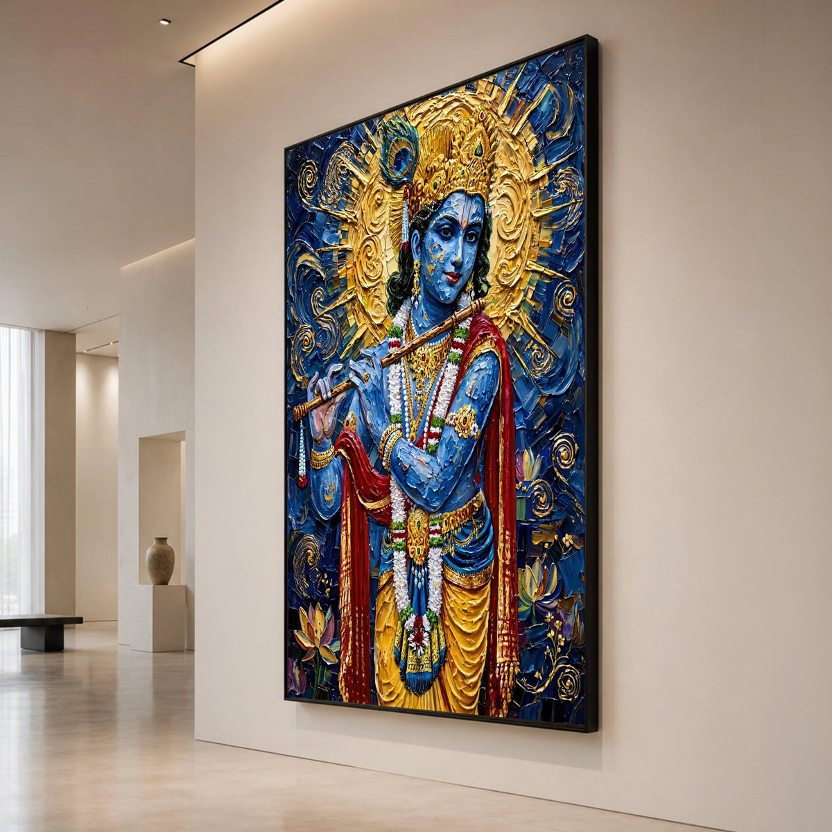 Blue Krishna Playing Flute Canvas, Hindu God Wall Art, Spiritual Canvas Decor, Indian Culture Art, Decorative Ready to Hang Canvas Print Art