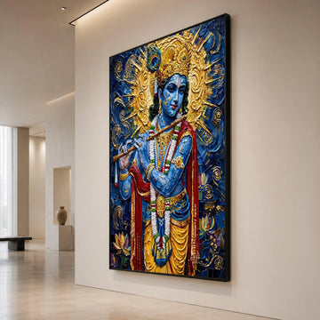 Blue Krishna Playing Flute Canvas, Hindu God Wall Art, Spiritual Canvas Decor, Indian Culture Art, Decorative Ready to Hang Canvas Print Art