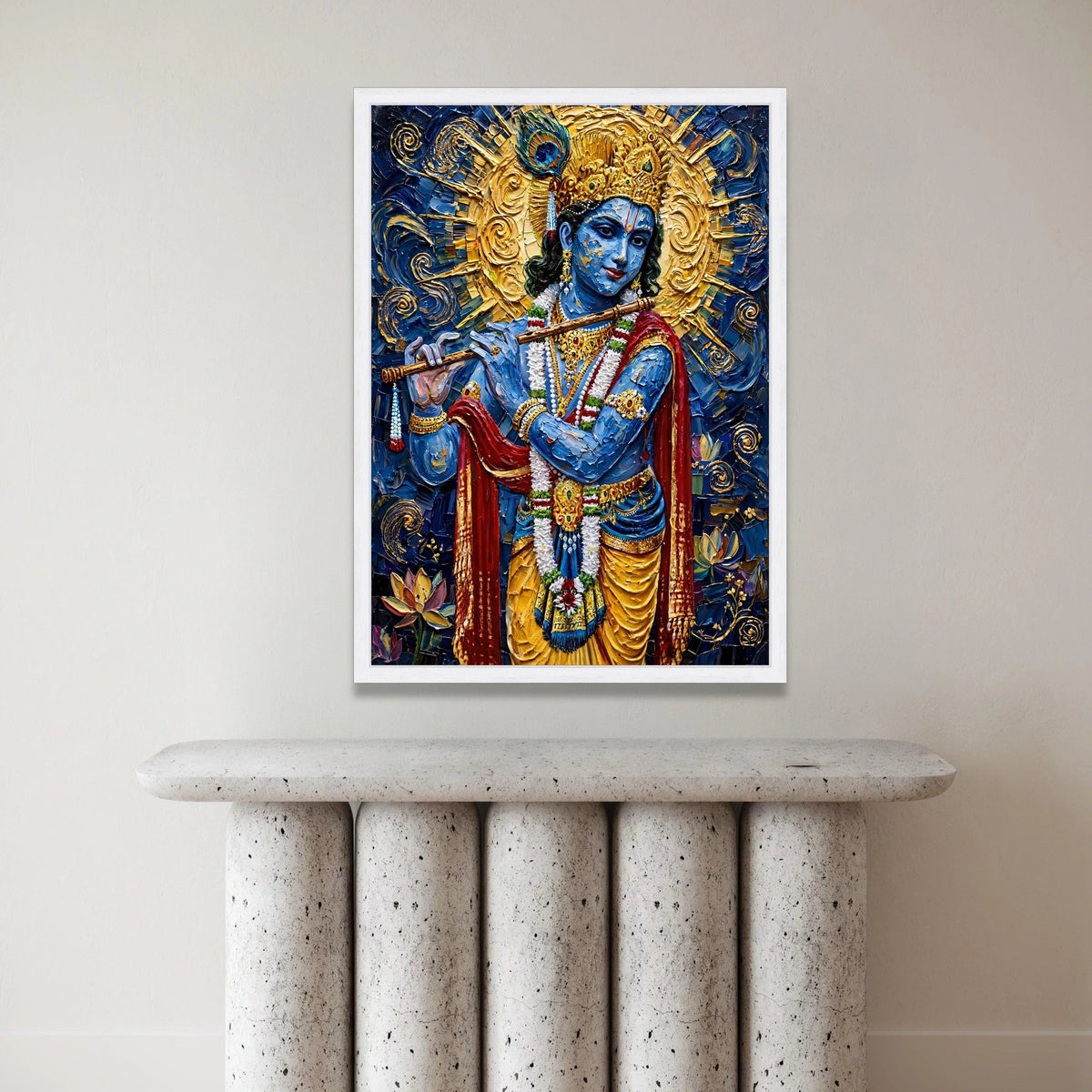 Blue Krishna Playing Flute Canvas, Hindu God Wall Art, Spiritual Canvas Decor, Indian Culture Art, Decorative Ready to Hang Canvas Print Art