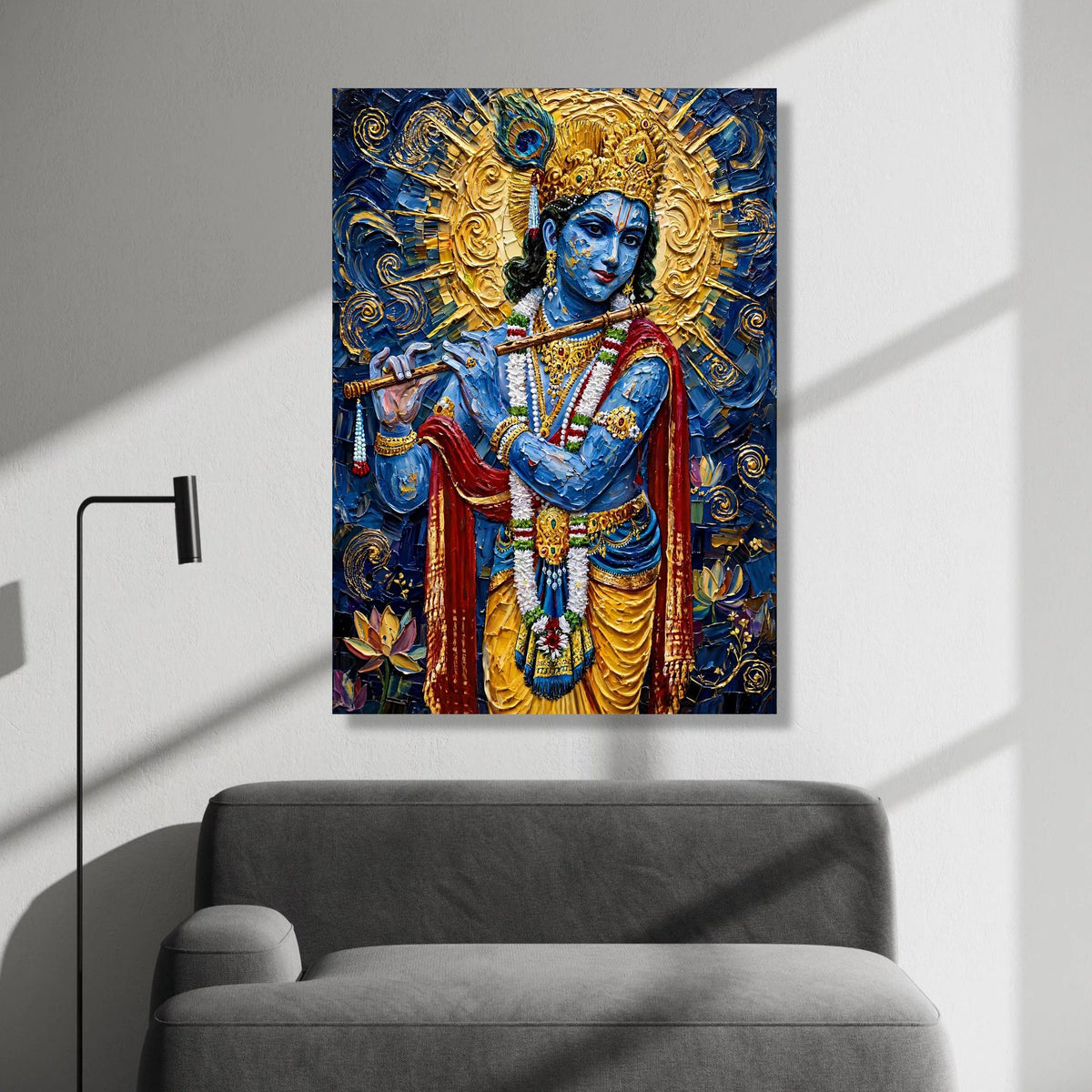 Blue Krishna Playing Flute Canvas, Hindu God Wall Art, Spiritual Canvas Decor, Indian Culture Art, Decorative Ready to Hang Canvas Print Art