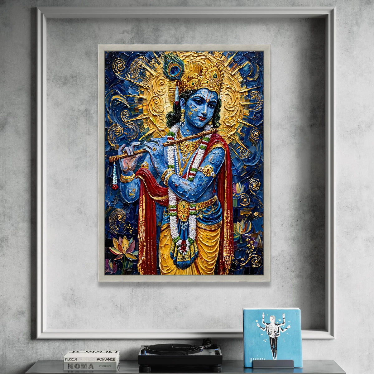 Blue Krishna Playing Flute Canvas, Hindu God Wall Art, Spiritual Canvas Decor, Indian Culture Art, Decorative Ready to Hang Canvas Print Art