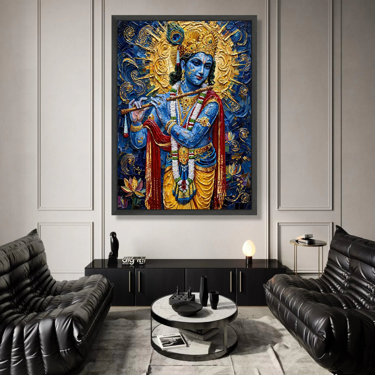 Blue Krishna Playing Flute Canvas, Hindu God Wall Art, Spiritual Canvas Decor, Indian Culture Art, Decorative Ready to Hang Canvas Print Art