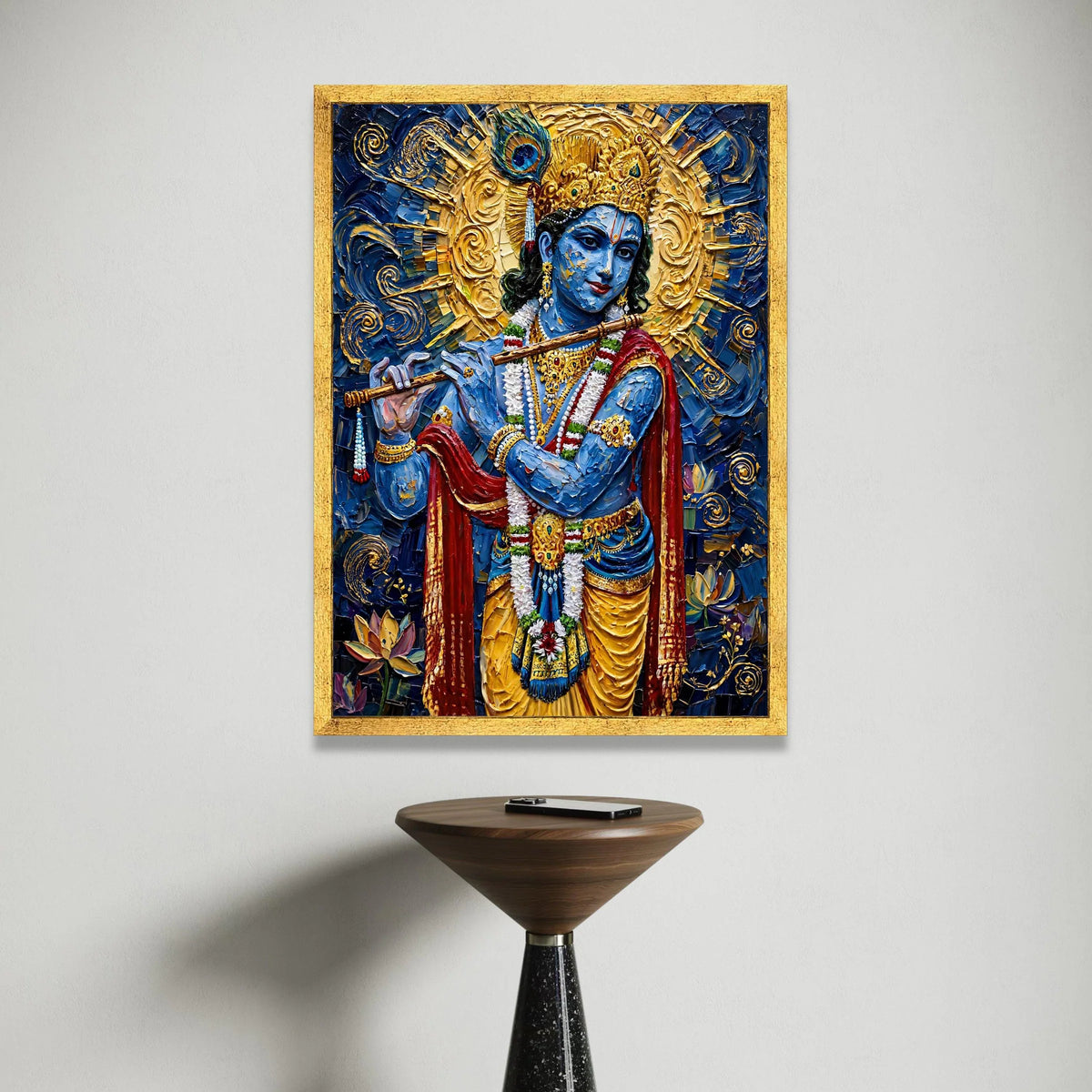 Blue Krishna Playing Flute Canvas, Hindu God Wall Art, Spiritual Canvas Decor, Indian Culture Art, Decorative Ready to Hang Canvas Print Art