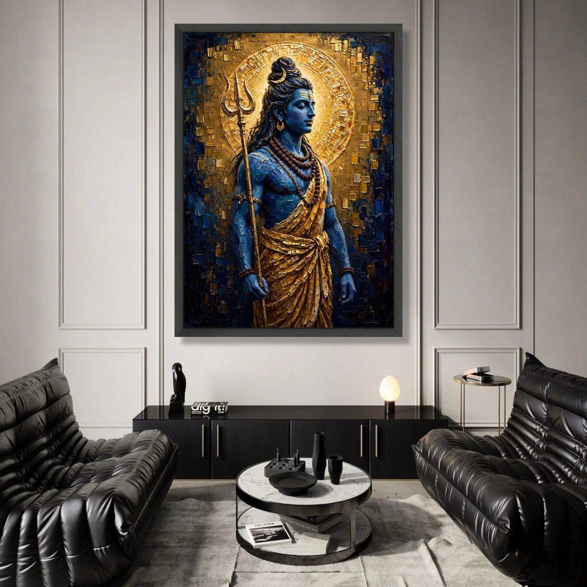 Divine Shiva Blue God Canvas Wall Art, Golden Halo Spiritual Home Decor, Meditation Indian Deity Canvas, Ready to Hang Canvas Print Art