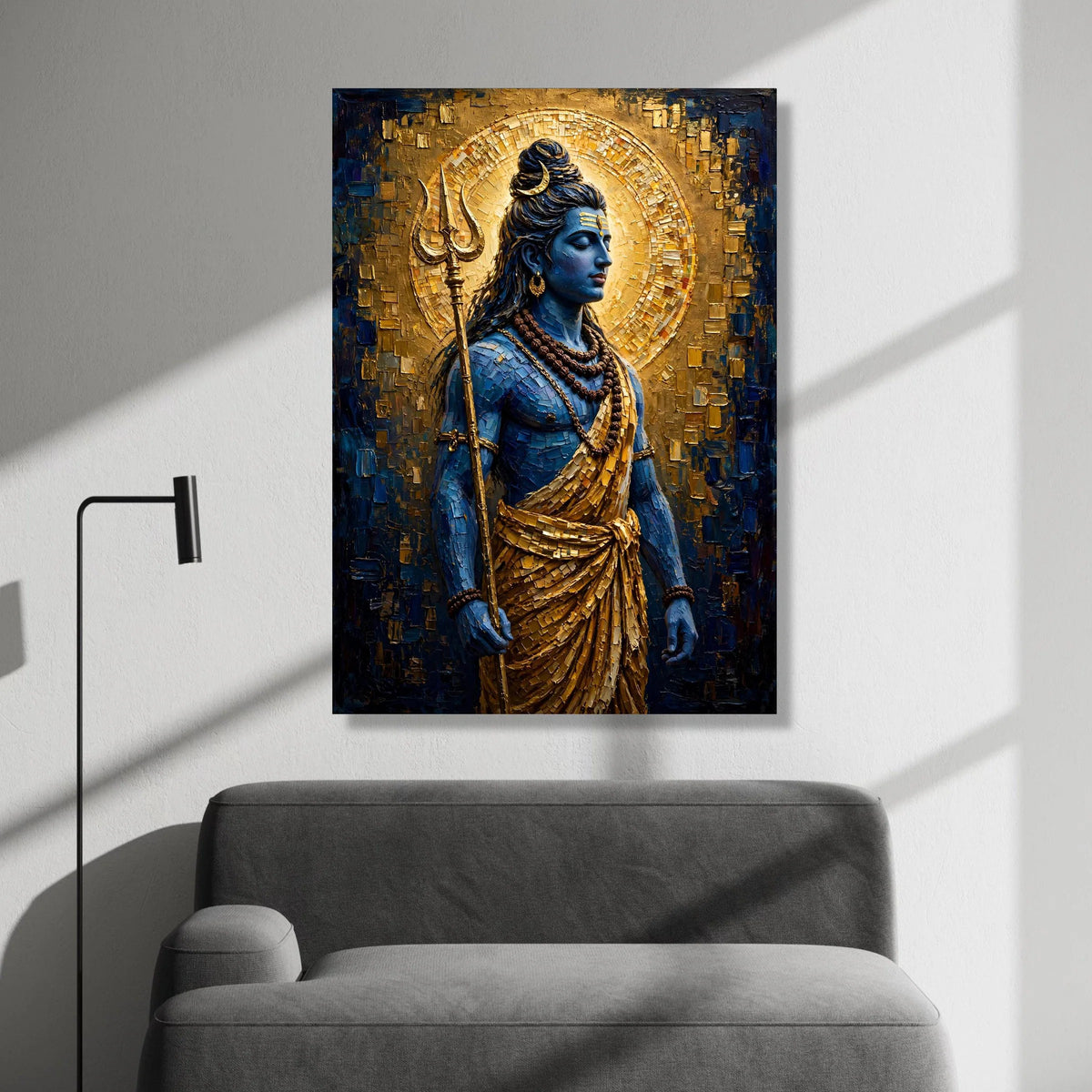 Divine Shiva Blue God Canvas Wall Art, Golden Halo Spiritual Home Decor, Meditation Indian Deity Canvas, Ready to Hang Canvas Print Art