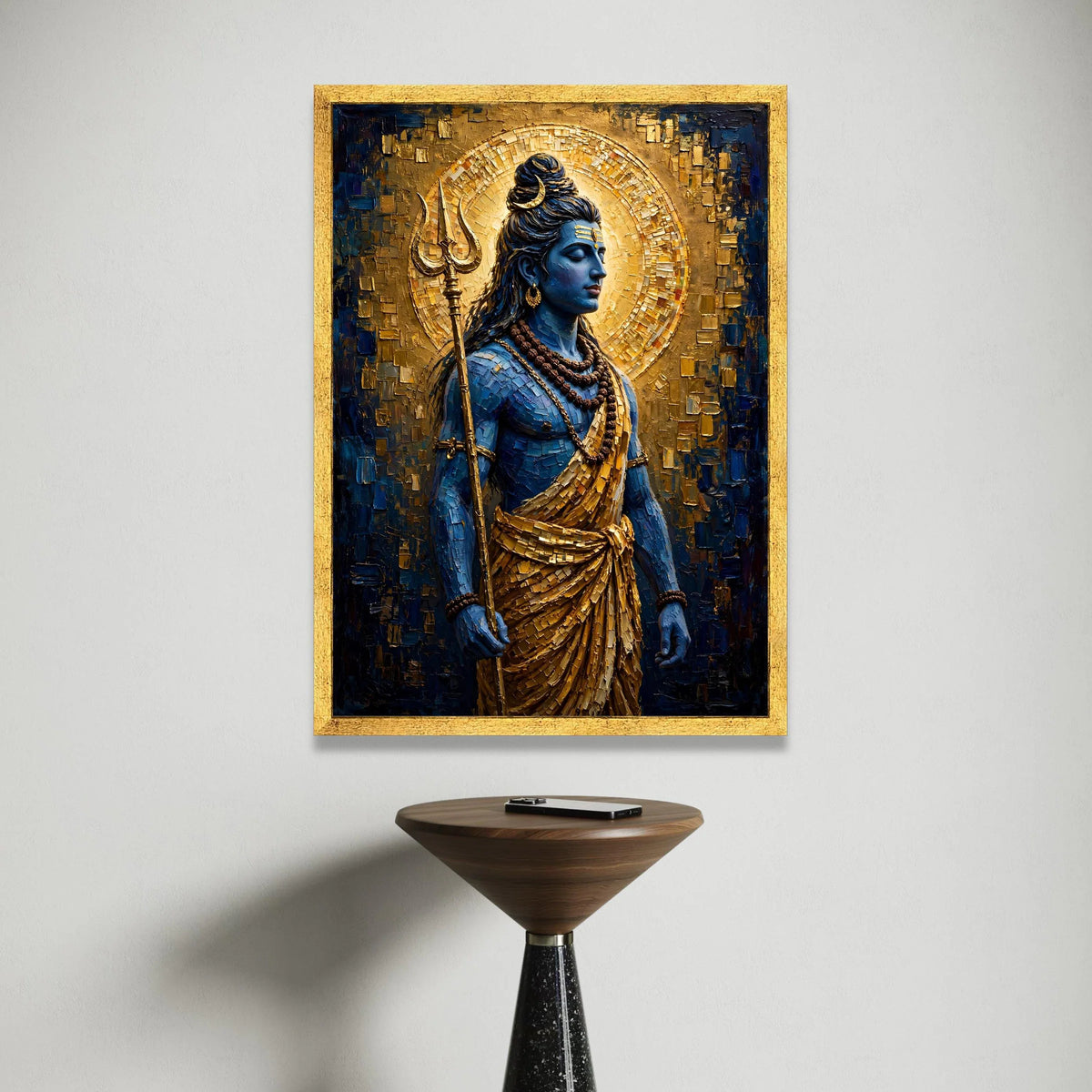 Divine Shiva Blue God Canvas Wall Art, Golden Halo Spiritual Home Decor, Meditation Indian Deity Canvas, Ready to Hang Canvas Print Art