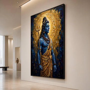 Divine Shiva Blue God Canvas Wall Art, Golden Halo Spiritual Home Decor, Meditation Indian Deity Canvas, Ready to Hang Canvas Print Art