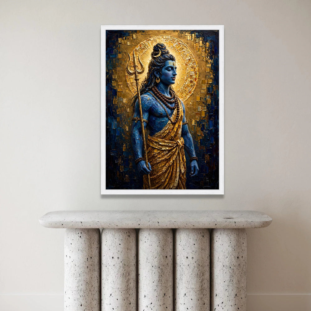 Divine Shiva Blue God Canvas Wall Art, Golden Halo Spiritual Home Decor, Meditation Indian Deity Canvas, Ready to Hang Canvas Print Art