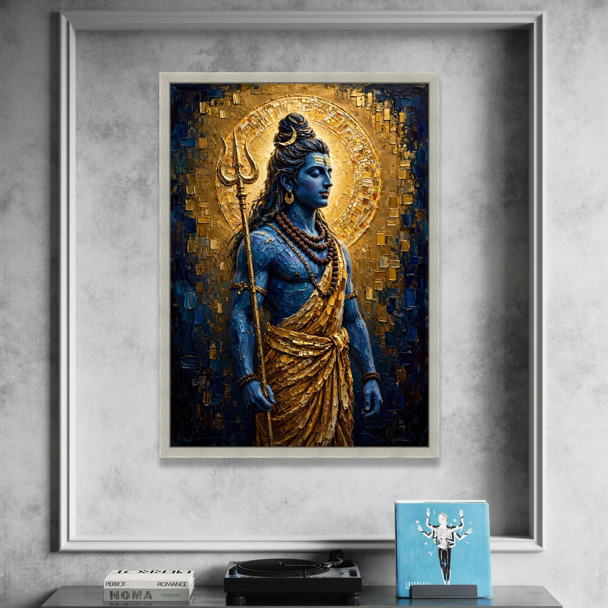 Divine Shiva Blue God Canvas Wall Art, Golden Halo Spiritual Home Decor, Meditation Indian Deity Canvas, Ready to Hang Canvas Print Art
