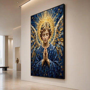 Praying Angel Canvas Wall Art, Spiritual Home Decoration, Religious Figure Canvas, Blue and Gold Angel Art, Serene Wall Canvas Print Art