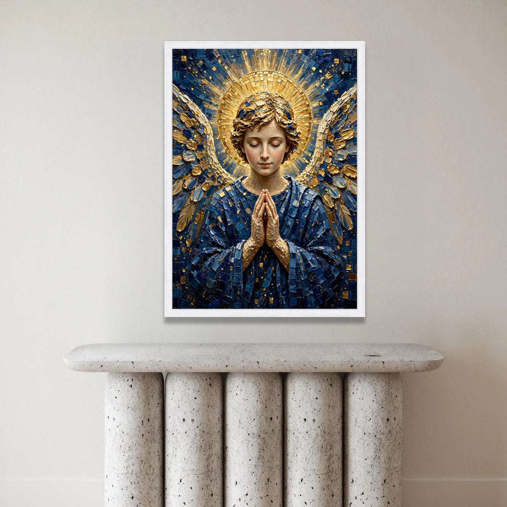 Praying Angel Canvas Wall Art, Spiritual Home Decoration, Religious Figure Canvas, Blue and Gold Angel Art, Serene Wall Canvas Print Art