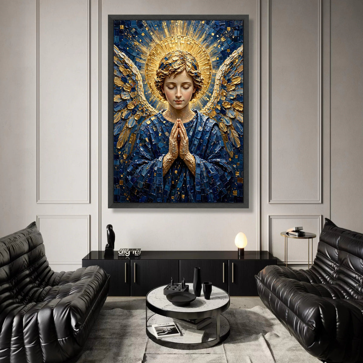 Praying Angel Canvas Wall Art, Spiritual Home Decoration, Religious Figure Canvas, Blue and Gold Angel Art, Serene Wall Canvas Print Art