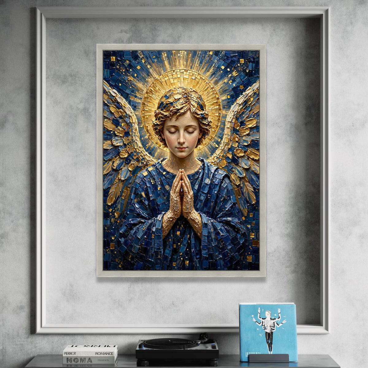 Praying Angel Canvas Wall Art, Spiritual Home Decoration, Religious Figure Canvas, Blue and Gold Angel Art, Serene Wall Canvas Print Art