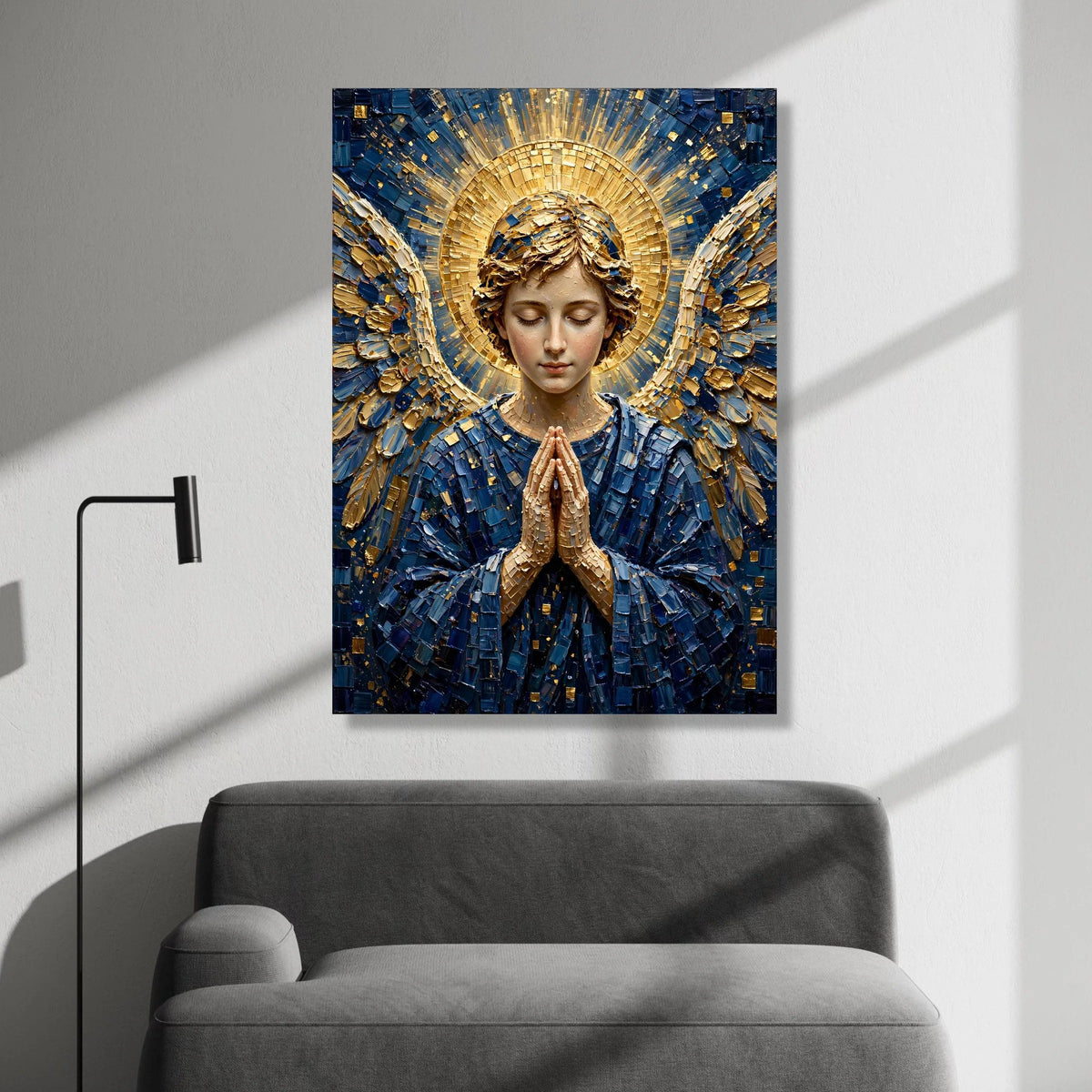 Praying Angel Canvas Wall Art, Spiritual Home Decoration, Religious Figure Canvas, Blue and Gold Angel Art, Serene Wall Canvas Print Art