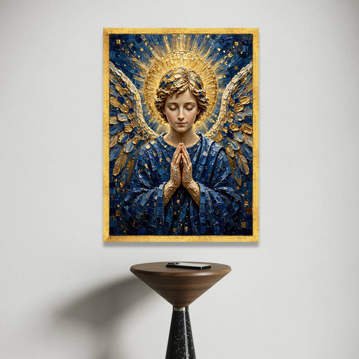 Praying Angel Canvas Wall Art, Spiritual Home Decoration, Religious Figure Canvas, Blue and Gold Angel Art, Serene Wall Canvas Print Art
