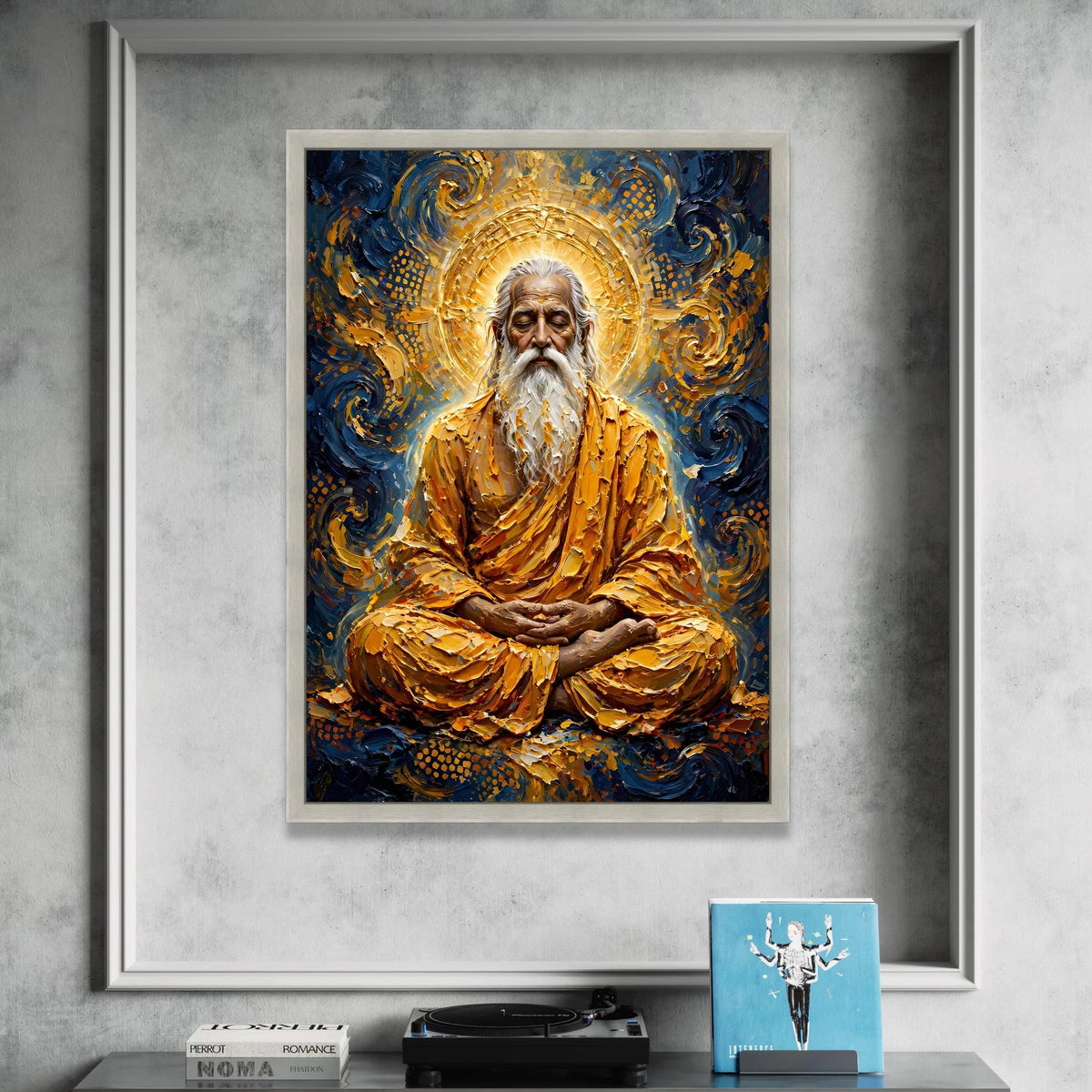 Meditative Sage with Glowing Halo Canvas, Spiritual Wall Art, Wisdom Portrait Canvas, Enlightenment Home Decor, Peaceful Canvas Print Art