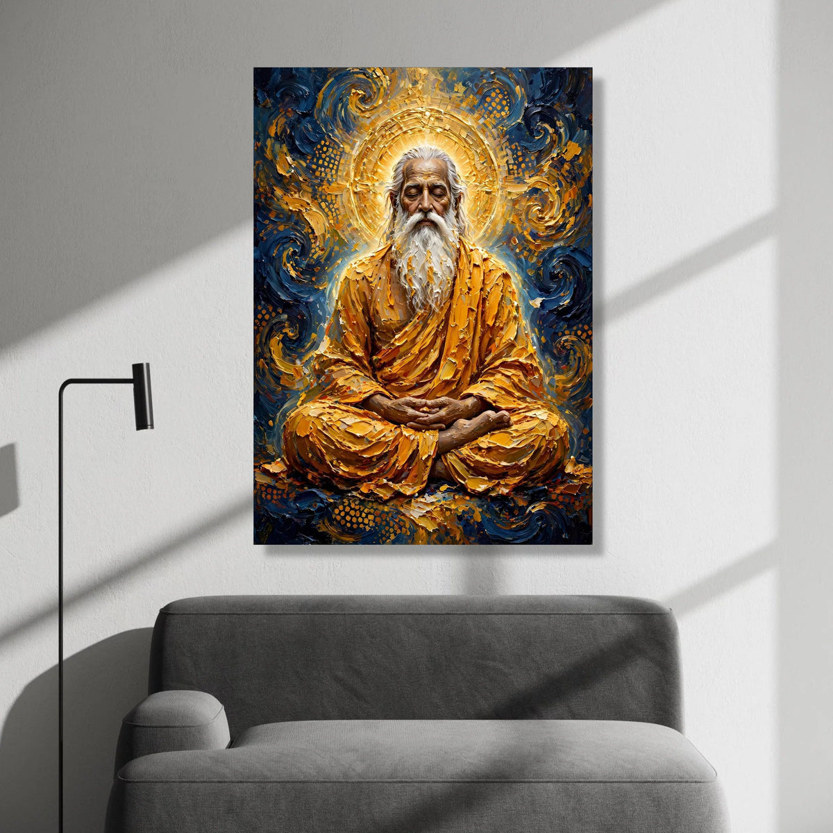 Meditative Sage with Glowing Halo Canvas, Spiritual Wall Art, Wisdom Portrait Canvas, Enlightenment Home Decor, Peaceful Canvas Print Art