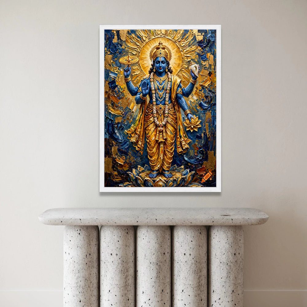 Divine Vishnu God Canvas Wall Art, Spiritual Hindu Deity Painting, Blue and Gold Religious Canvas, Sacred Indian Art Decor, Canvas Print Art