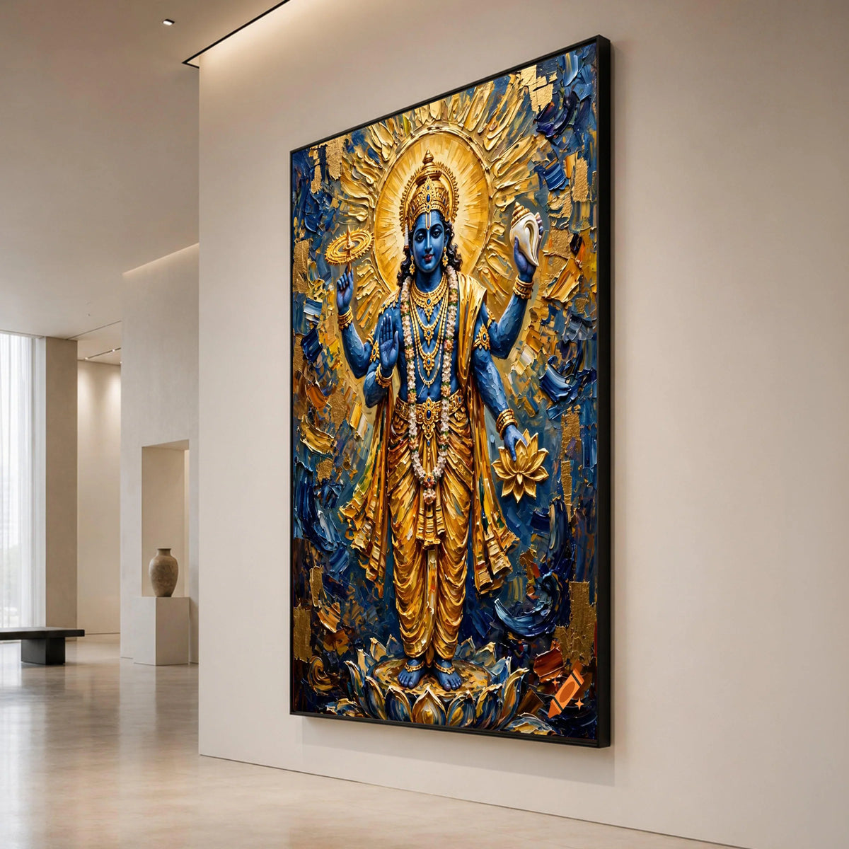 Divine Vishnu God Canvas Wall Art, Spiritual Hindu Deity Painting, Blue and Gold Religious Canvas, Sacred Indian Art Decor, Canvas Print Art