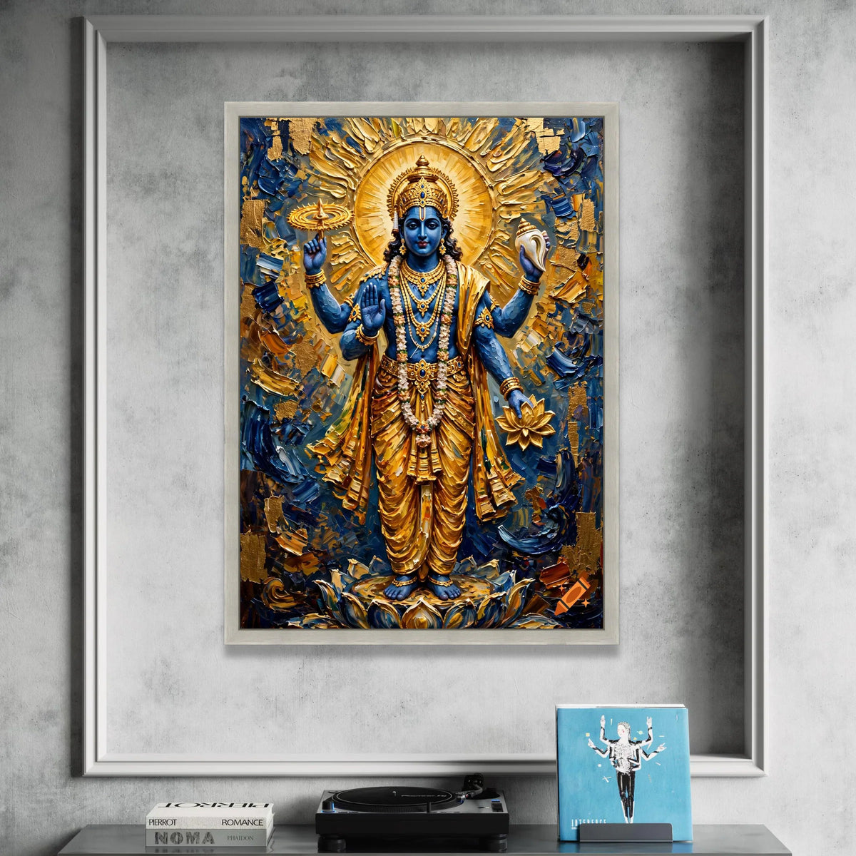Divine Vishnu God Canvas Wall Art, Spiritual Hindu Deity Painting, Blue and Gold Religious Canvas, Sacred Indian Art Decor, Canvas Print Art