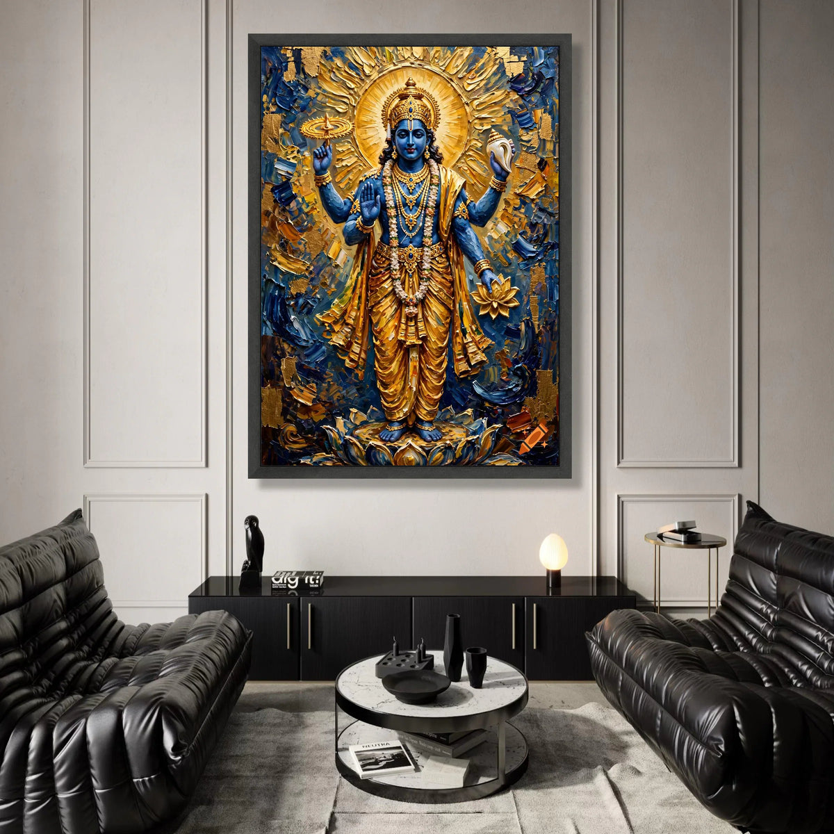 Divine Vishnu God Canvas Wall Art, Spiritual Hindu Deity Painting, Blue and Gold Religious Canvas, Sacred Indian Art Decor, Canvas Print Art