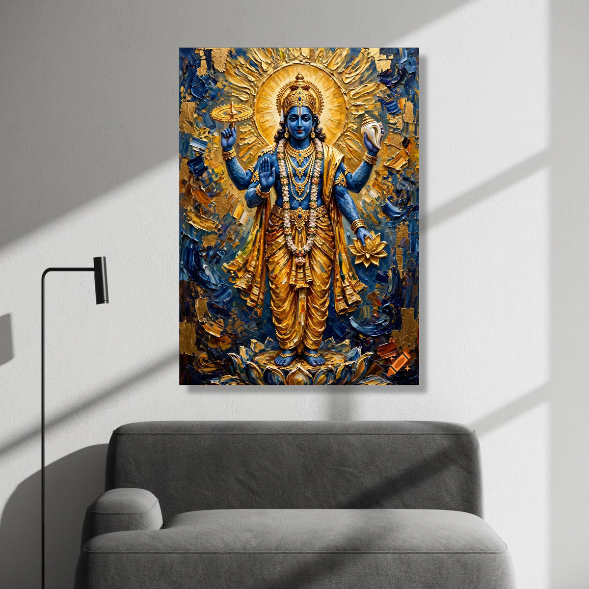 Divine Vishnu God Canvas Wall Art, Spiritual Hindu Deity Painting, Blue and Gold Religious Canvas, Sacred Indian Art Decor, Canvas Print Art