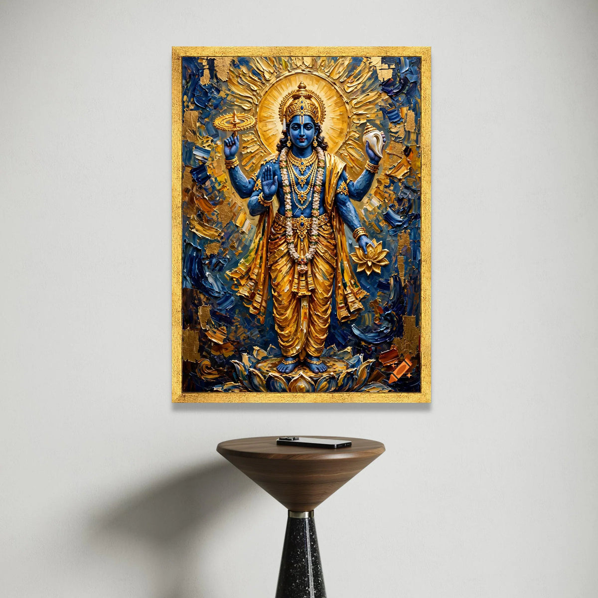 Divine Vishnu God Canvas Wall Art, Spiritual Hindu Deity Painting, Blue and Gold Religious Canvas, Sacred Indian Art Decor, Canvas Print Art