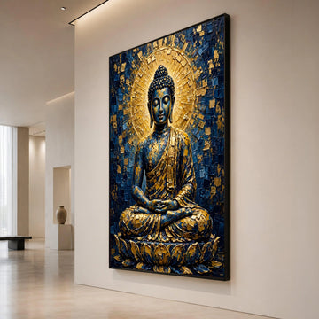 Meditative Buddha Canvas Wall Art, Golden Blue Spiritual Decor, Zen Home Decoration, Yoga Room Canvas, Tranquil Buddha Canvas Print Art
