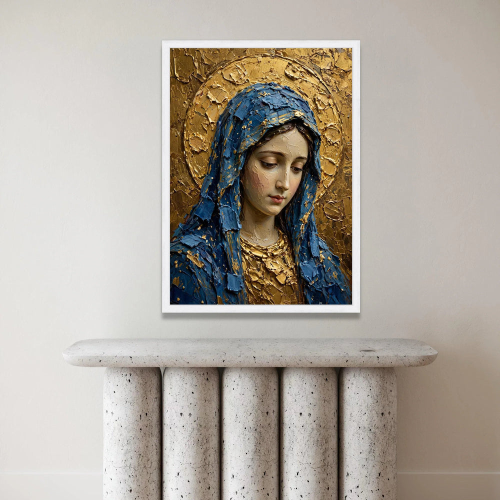 Serene Virgin Mary Portrait Canvas, Blue Cloak Religious Wall Art, Gold Halo Sacred Art, Christian Devotional Canvas, Canvas Print Art
