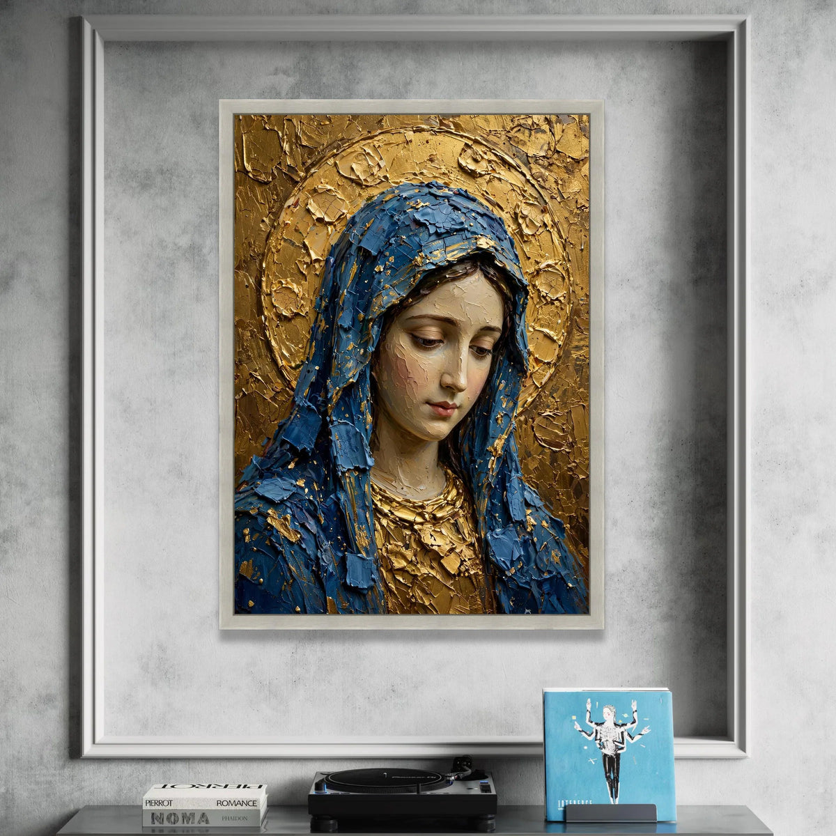 Serene Virgin Mary Portrait Canvas, Blue Cloak Religious Wall Art, Gold Halo Sacred Art, Christian Devotional Canvas, Canvas Print Art