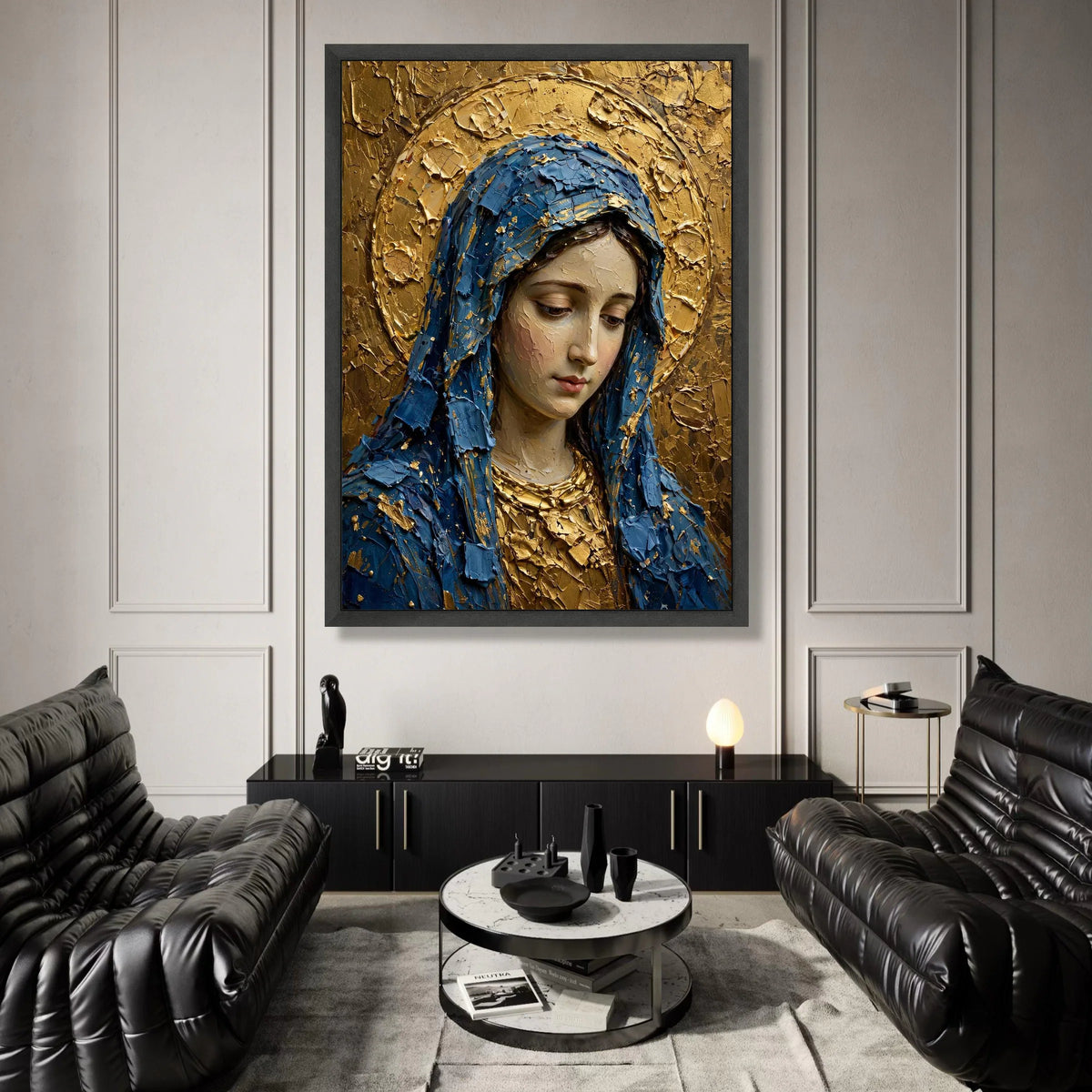 Serene Virgin Mary Portrait Canvas, Blue Cloak Religious Wall Art, Gold Halo Sacred Art, Christian Devotional Canvas, Canvas Print Art