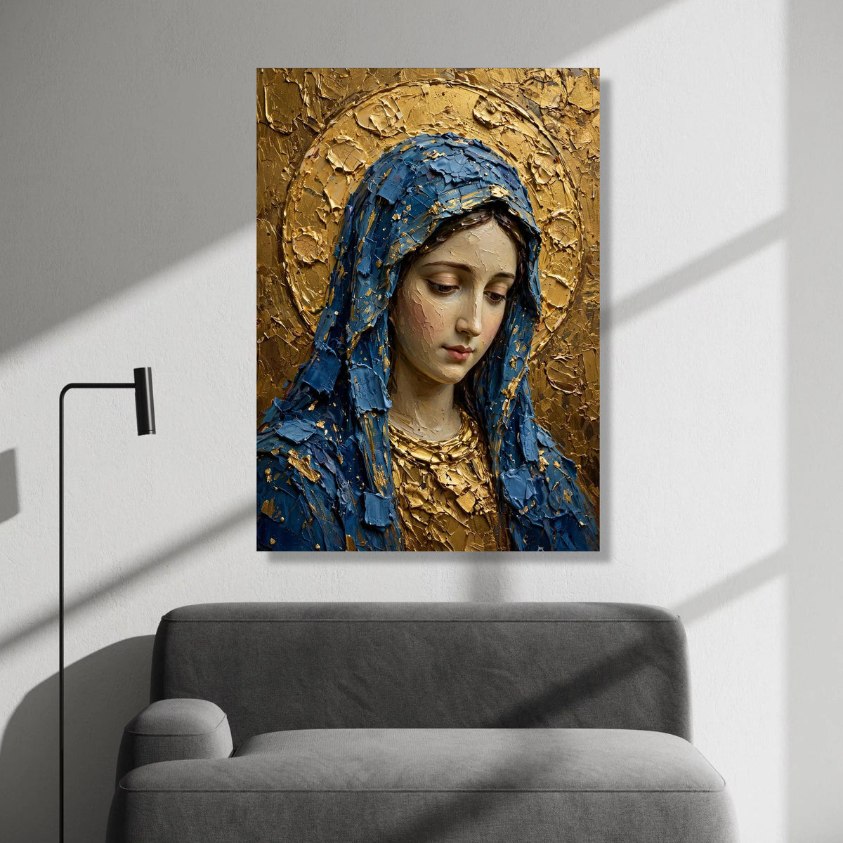 Serene Virgin Mary Portrait Canvas, Blue Cloak Religious Wall Art, Gold Halo Sacred Art, Christian Devotional Canvas, Canvas Print Art