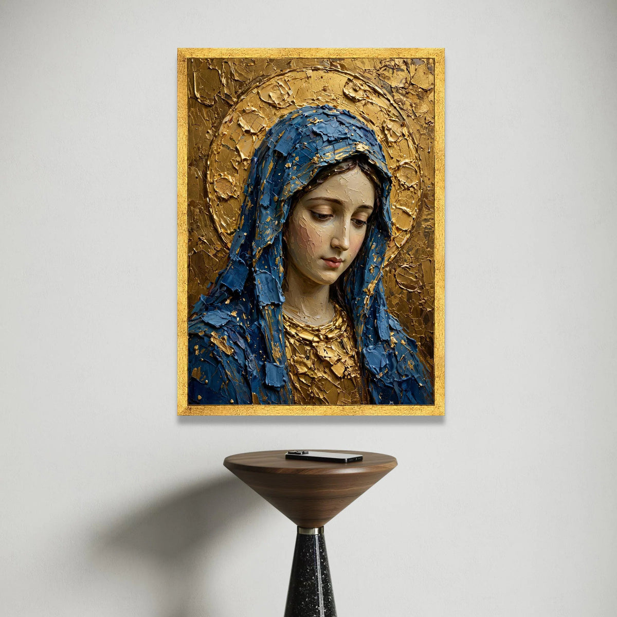 Serene Virgin Mary Portrait Canvas, Blue Cloak Religious Wall Art, Gold Halo Sacred Art, Christian Devotional Canvas, Canvas Print Art