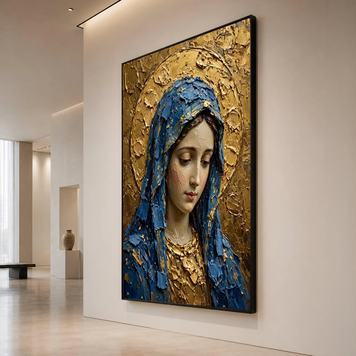 Serene Virgin Mary Portrait Canvas, Blue Cloak Religious Wall Art, Gold Halo Sacred Art, Christian Devotional Canvas, Canvas Print Art