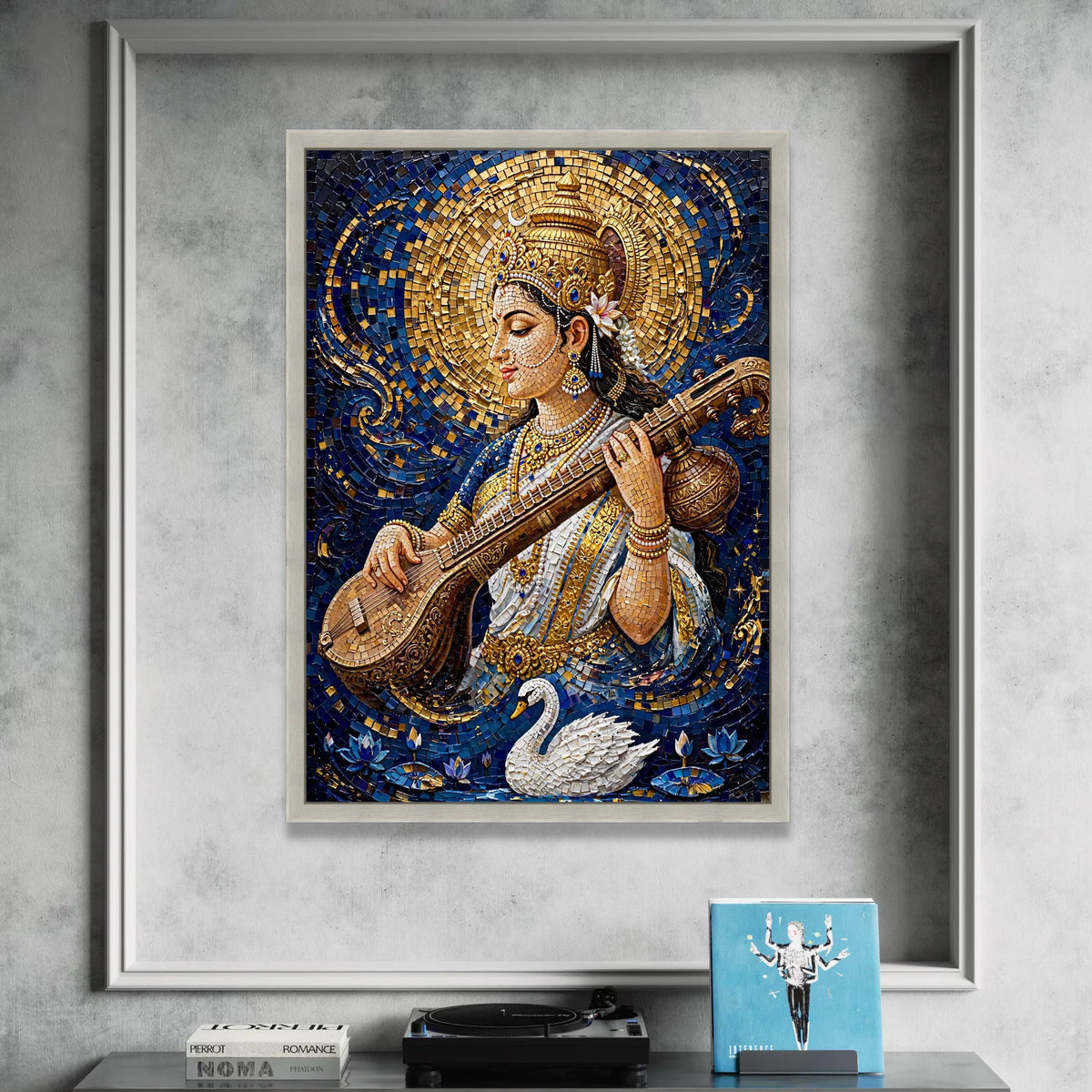 Elegant Goddess Saraswati Canvas, Musical Instrument Art, Spiritual Indian Wall Decor, Divine Female Portrait Canvas, Canvas Print Art
