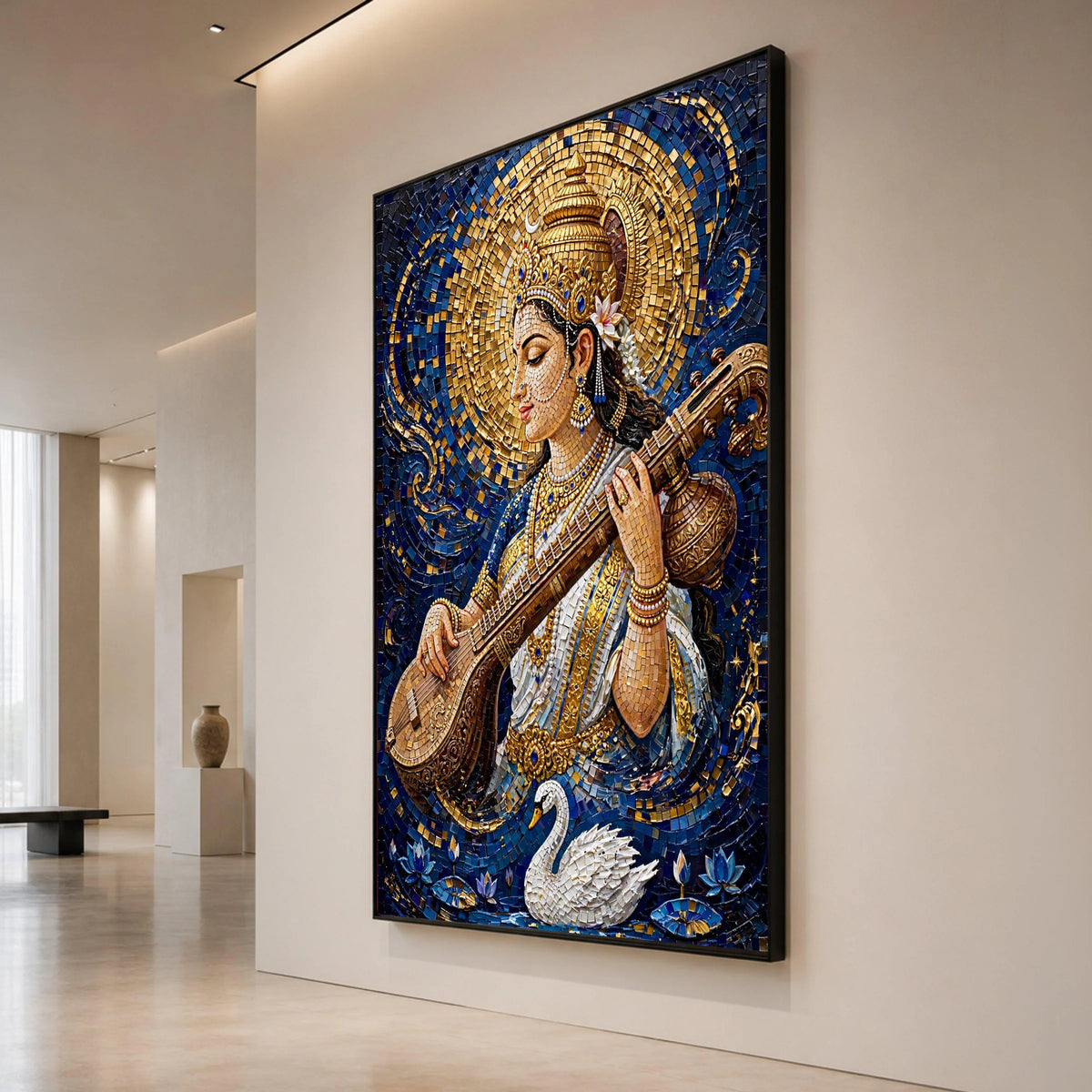 Elegant Goddess Saraswati Canvas, Musical Instrument Art, Spiritual Indian Wall Decor, Divine Female Portrait Canvas, Canvas Print Art