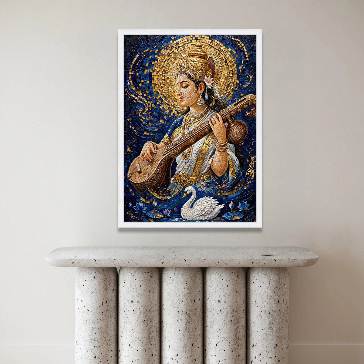 Elegant Goddess Saraswati Canvas, Musical Instrument Art, Spiritual Indian Wall Decor, Divine Female Portrait Canvas, Canvas Print Art