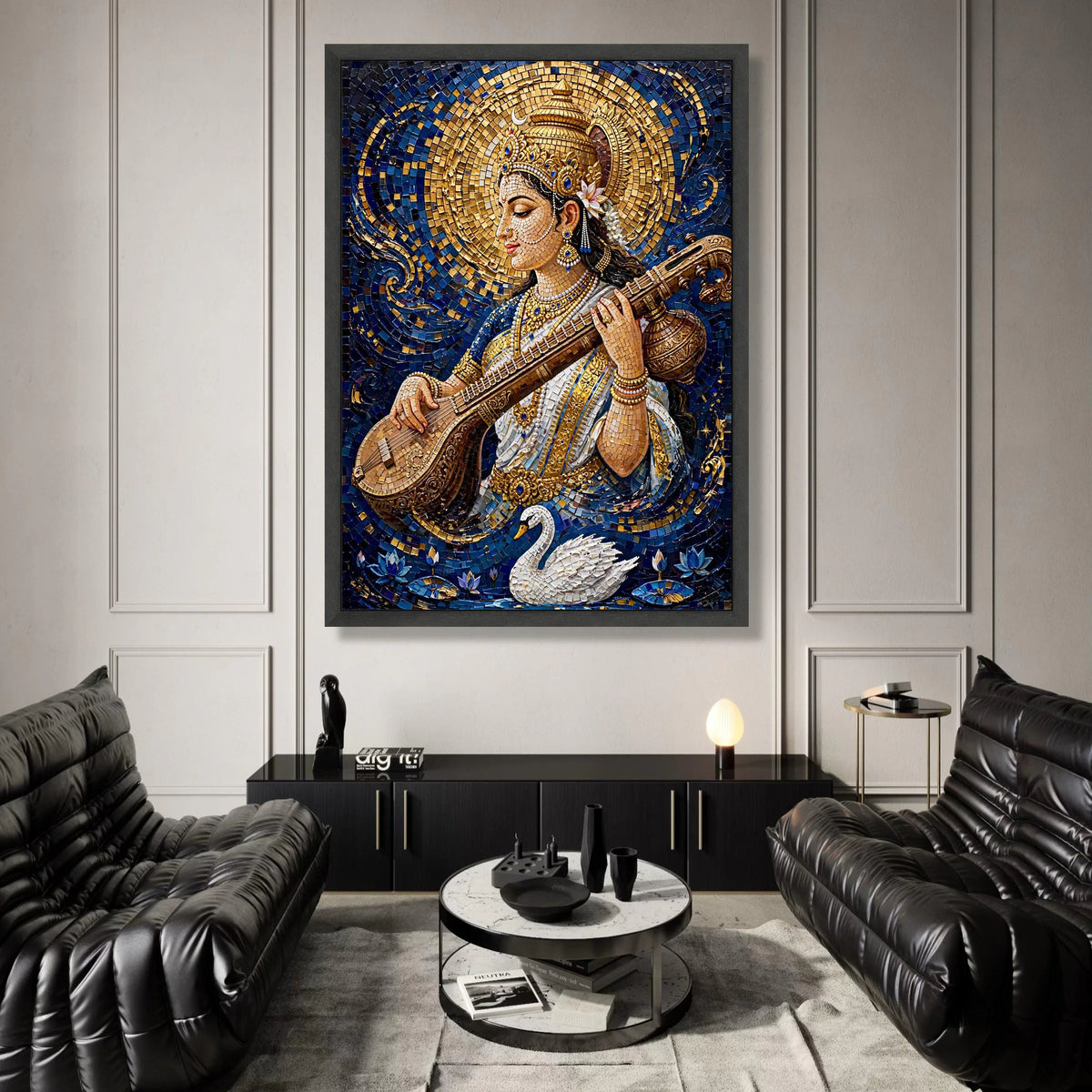 Elegant Goddess Saraswati Canvas, Musical Instrument Art, Spiritual Indian Wall Decor, Divine Female Portrait Canvas, Canvas Print Art
