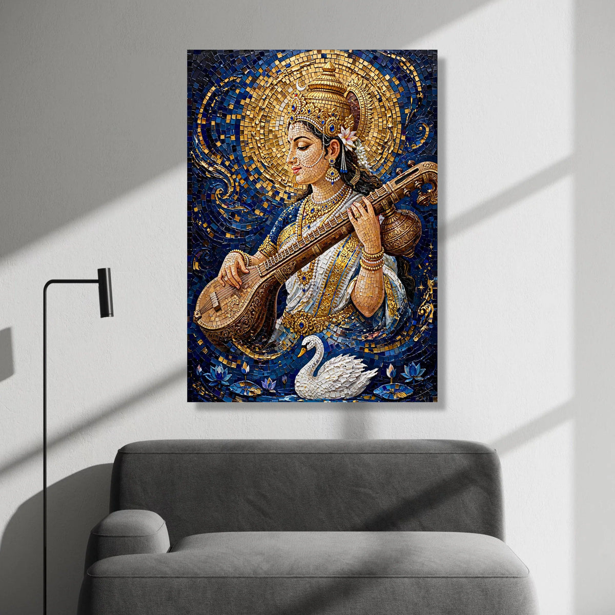 Elegant Goddess Saraswati Canvas, Musical Instrument Art, Spiritual Indian Wall Decor, Divine Female Portrait Canvas, Canvas Print Art