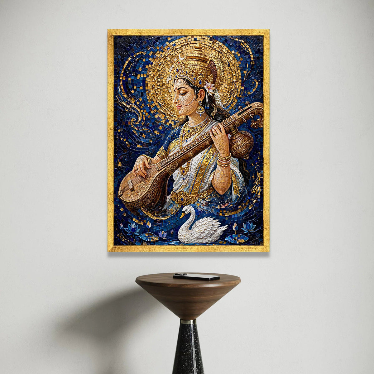 Elegant Goddess Saraswati Canvas, Musical Instrument Art, Spiritual Indian Wall Decor, Divine Female Portrait Canvas, Canvas Print Art