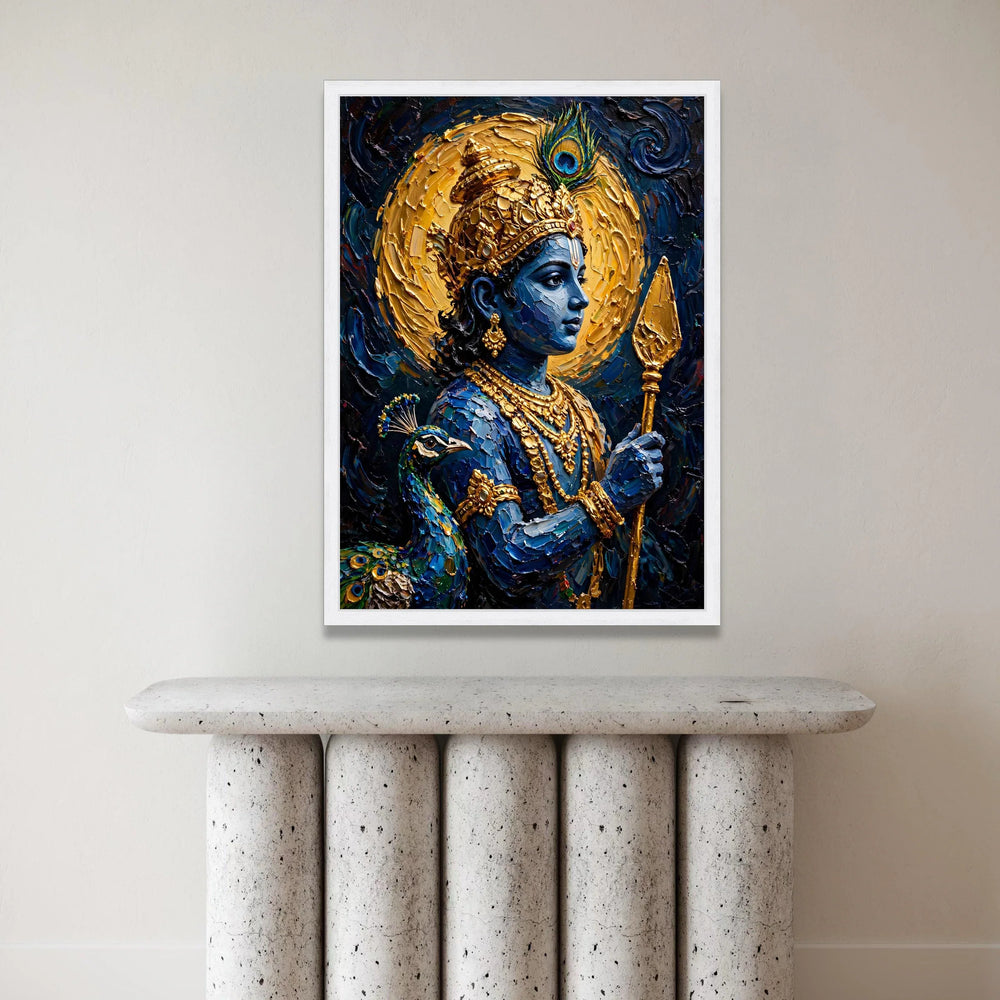 Divine Krishna Portrait Canvas, Blue Hindu God Wall Art, Spiritual Indian Decor, Peacock Feather Design, Mystical Canvas Canvas Print Art